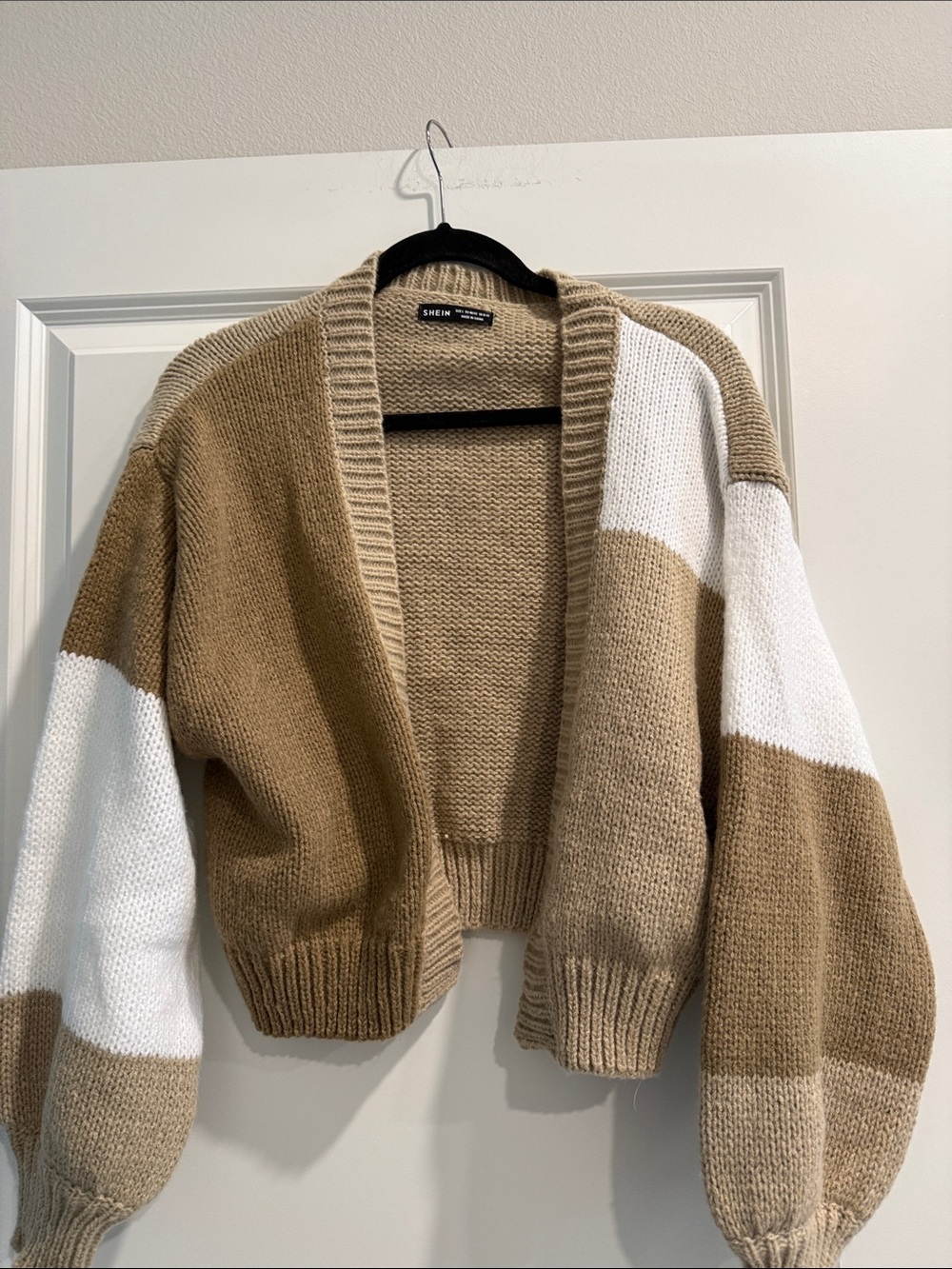 SHEIN Beige & White Block Balloon Sleeve Open Cardigan sz l